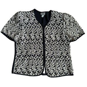 2/$18 SALE!Vtg Sheena Button Blouse Black Gold 2x Evening Embroidered Metallic